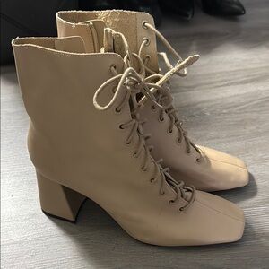 Zara Cream Heeled Boots with Vintage Lace-Up Design